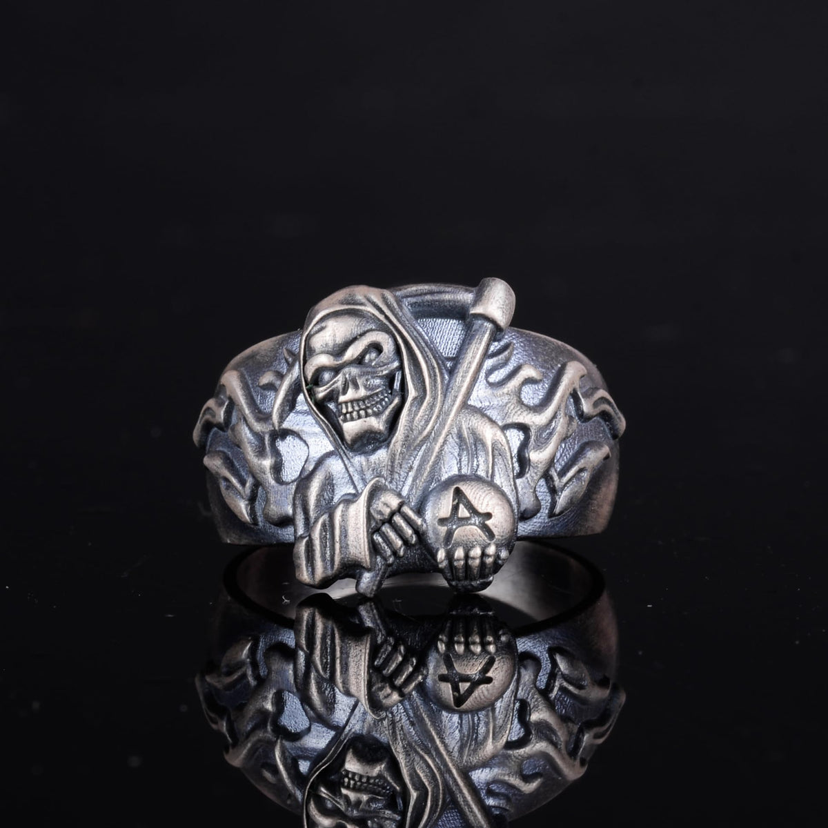 KAMBO 925 Sterling Silver Men's Grim Reaper Ring Handmade Gothic Skull Design Vintage Punk Rock Statement Jewelry Silver