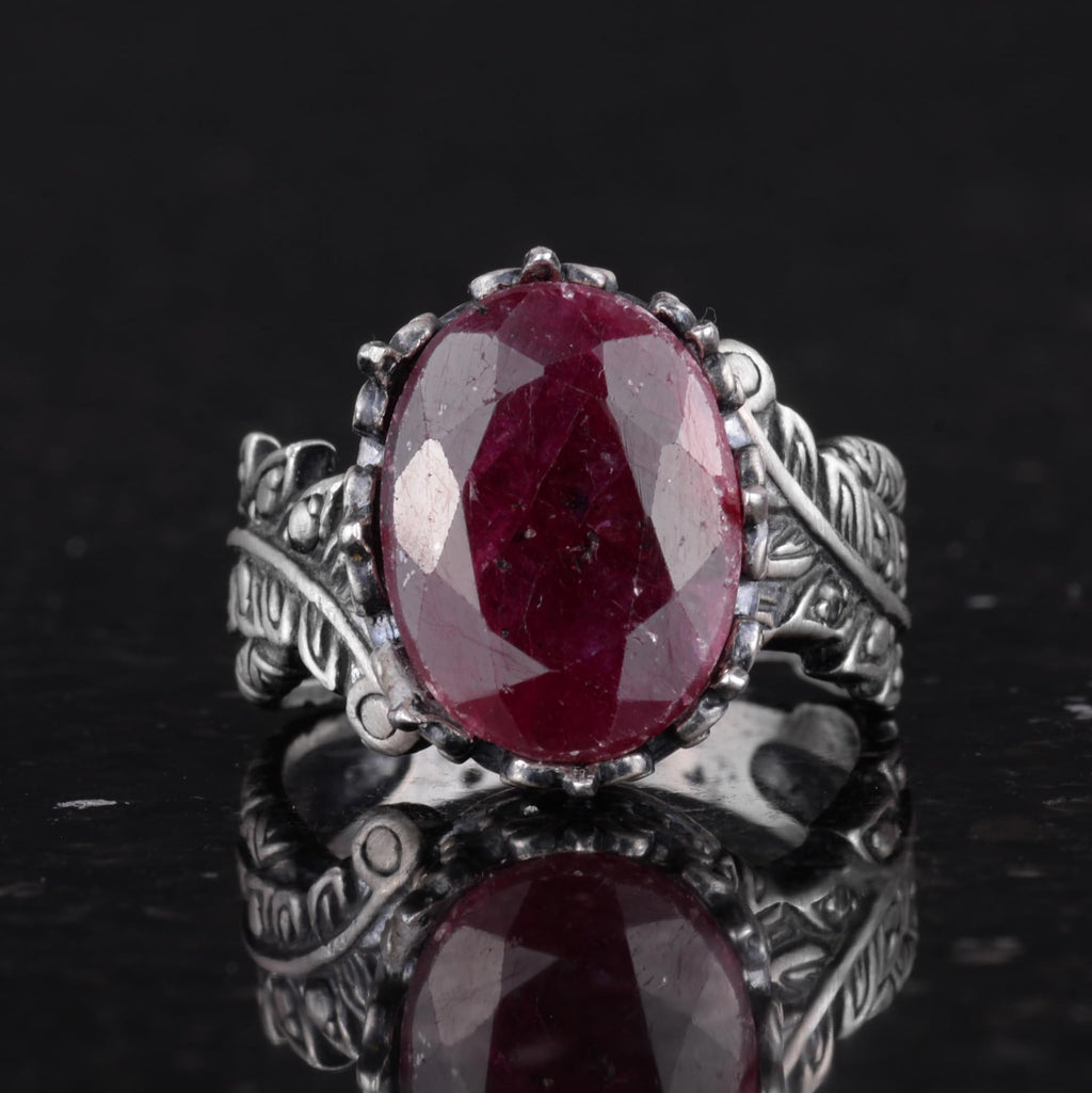 Silver Women's Ring, Natural Ruby Stone, Vintage Bohemian Design — 4