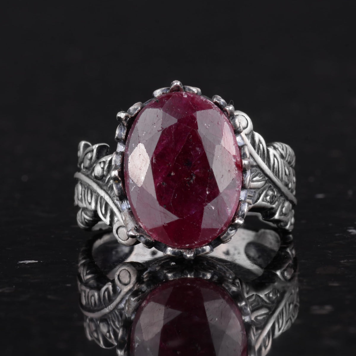 Silver Women's Ring, Natural Ruby Stone, Vintage Bohemian Design — 4
