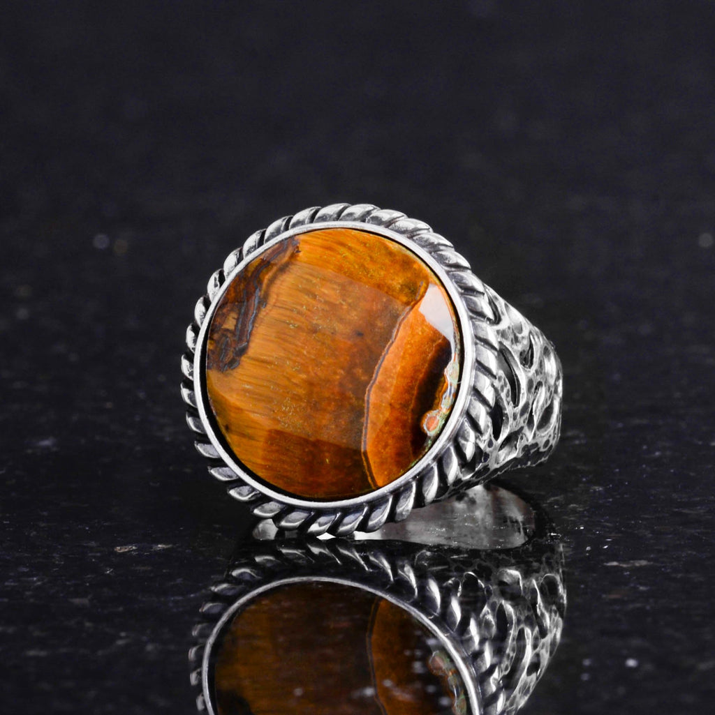 Natural Stone Ring - 925 Sterling Silver Men's Ring, Tiger Eye — 4
