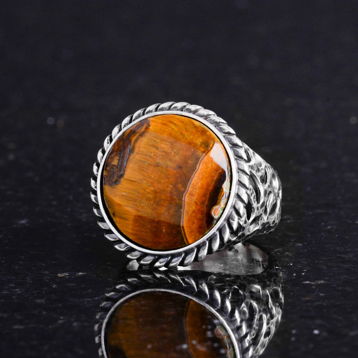 Natural Stone Ring - 925 Sterling Silver Men's Ring, Tiger Eye — 4