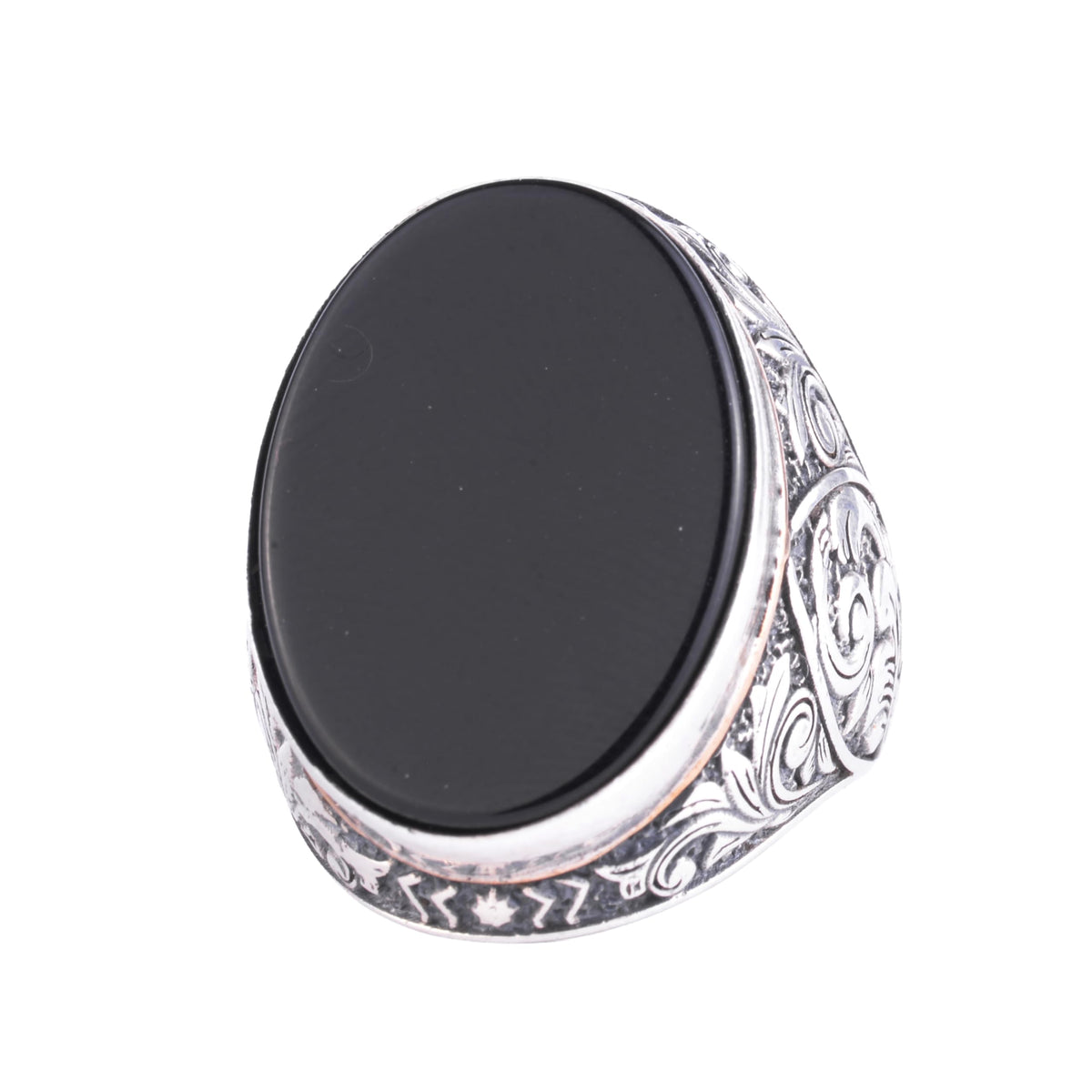 Natural Black Onyx Stone Large Men's Ring - Oval Onyx Stone Ring - 925 Sterling Silver Handmade Ottoman Floral Engraved Ring