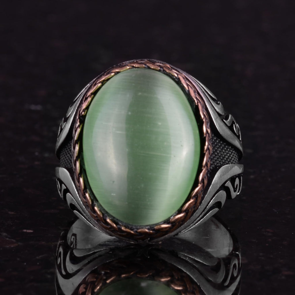 925 Sterling Silver Ring - Artificial Stone Silver Ring - Handmade Ring (Light Green Cat's Eye) — 6