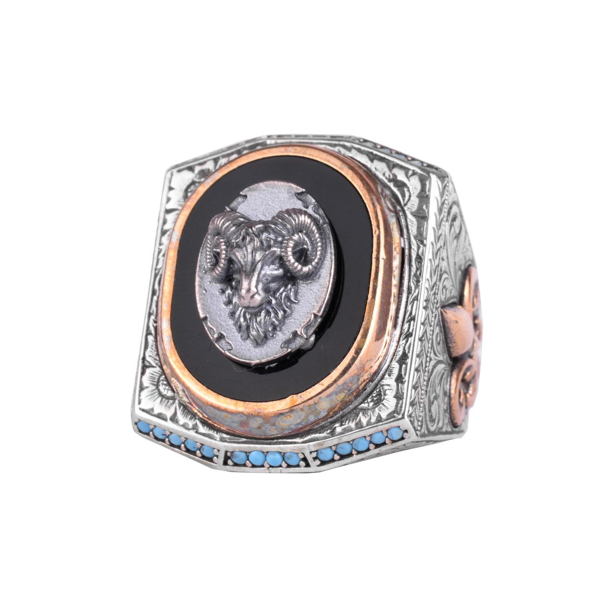 Black Designed Stone Men's Large Ring – 925 Sterling Silver Vintage Design Statement Ring (Ram)