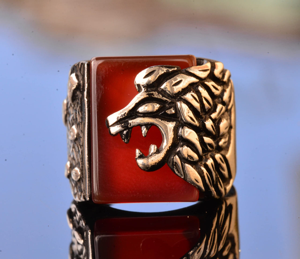 Natural Red Agate Stone Lion Head Ring - Silver Men's Ring — 5