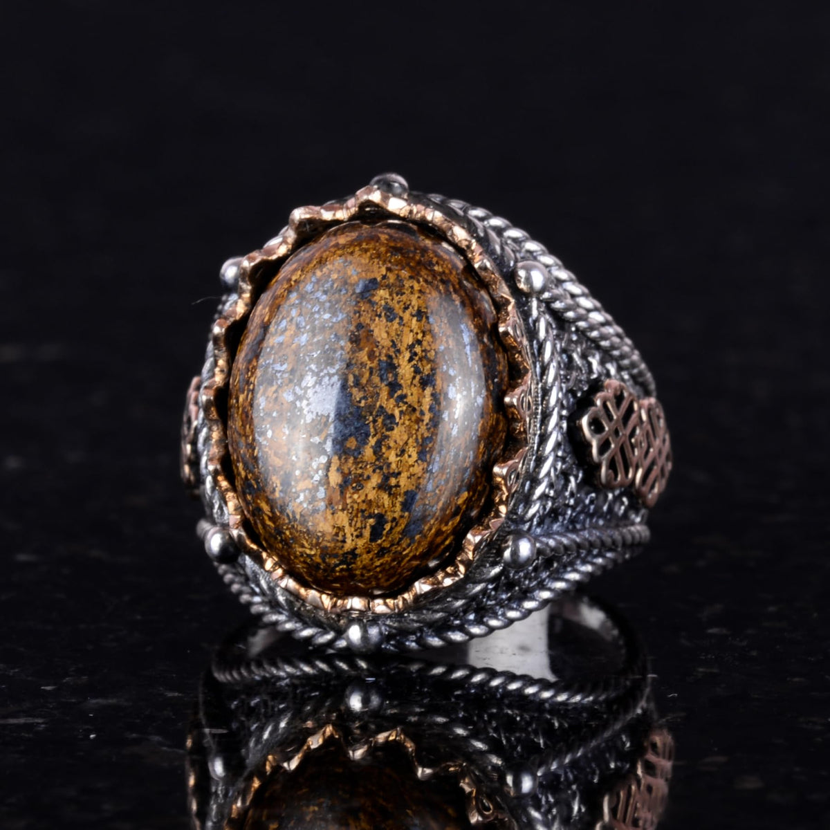 Handmade Natural Bronzite Stone Ring - 925 Sterling Silver Men's Ring — 5