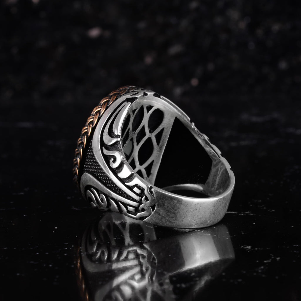 KAMBO Nautical Anchor Men's Ring - Blue Inlay Surface and Rose Gold Anchor Emblem 925 Sterling Silver Oval Seal Ring - Sailor Style Jewelry — 7