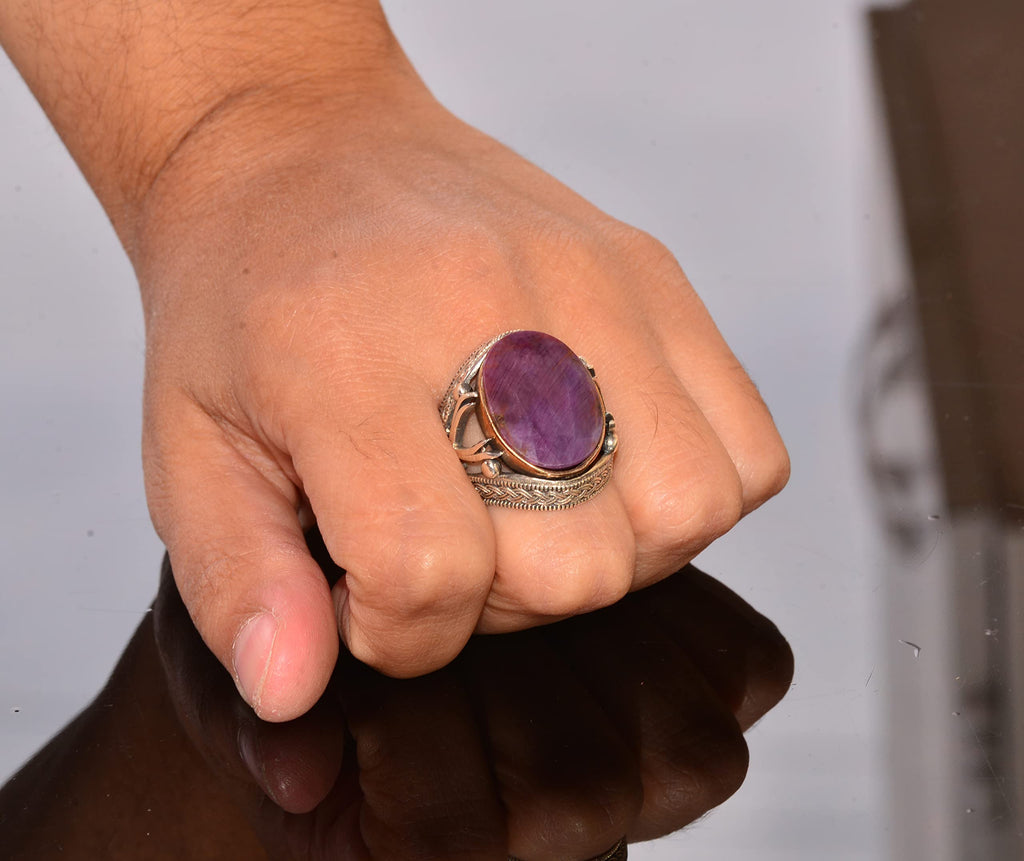 Natural Ruby Stone Silver Men's Ring — 7