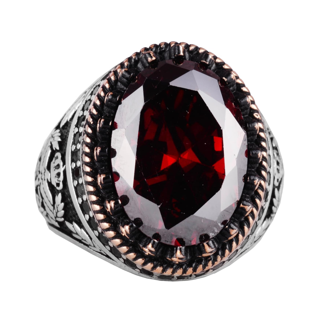 KAMBO 925 Sterling Silver Men's Ring, Created Stone Ring, Eagle Symbol Ring, Handmade Ring (Created Garnet)