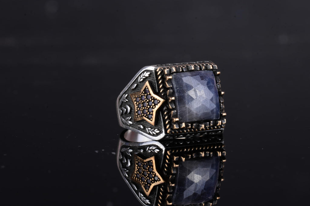 KAMBO Natural Stone Men's Ring – Star Motif Designed 925 Sterling Silver Square Cut Ring (Blue Sapphire) — 6