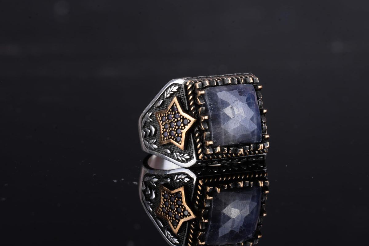 KAMBO Natural Stone Men's Ring – Star Motif Designed 925 Sterling Silver Square Cut Ring (Blue Sapphire) — 6