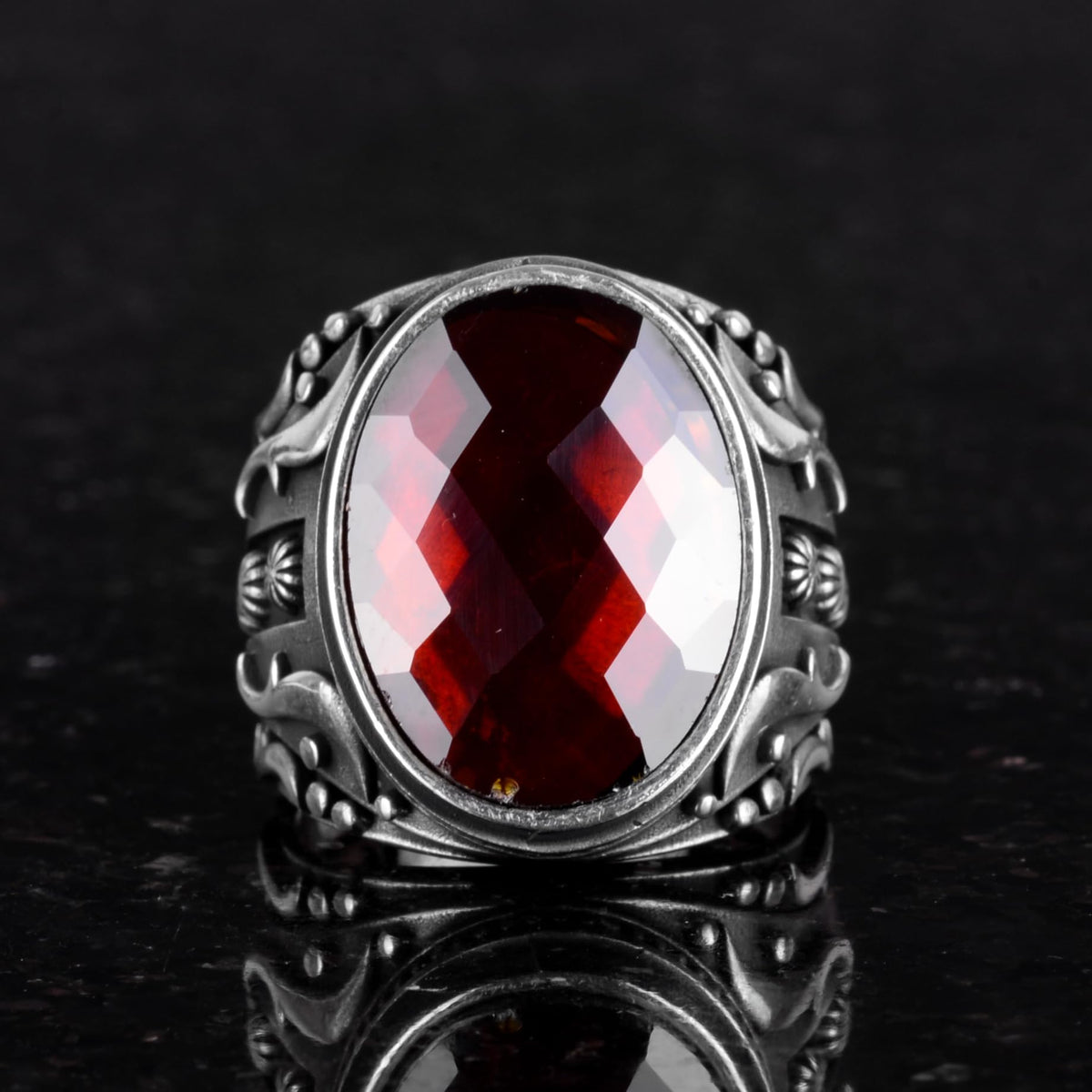 Synthetic Stone Ring, 925 Sterling Silver Ring, Designer Silver Men's Ring (Synthetic Garnet Stone) — 2