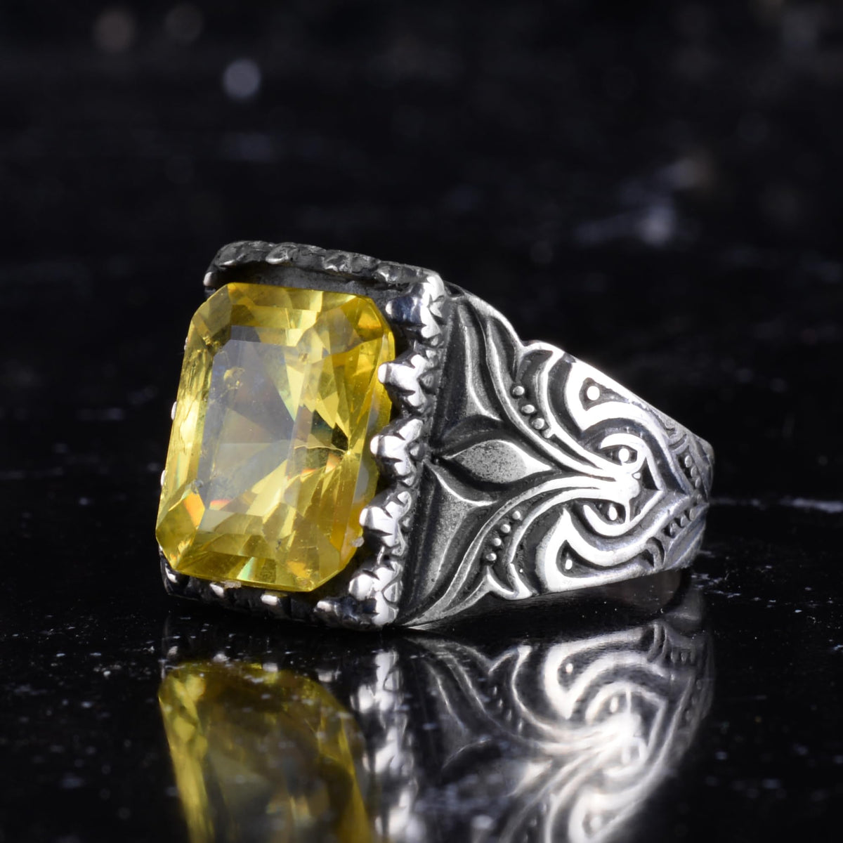 KAMBO Certified Natural Yellow Sapphire Stone Men's Ring 925 Sterling Silver – Ottoman Style Embroidered Designed Rectangular Sapphire Ring — 3