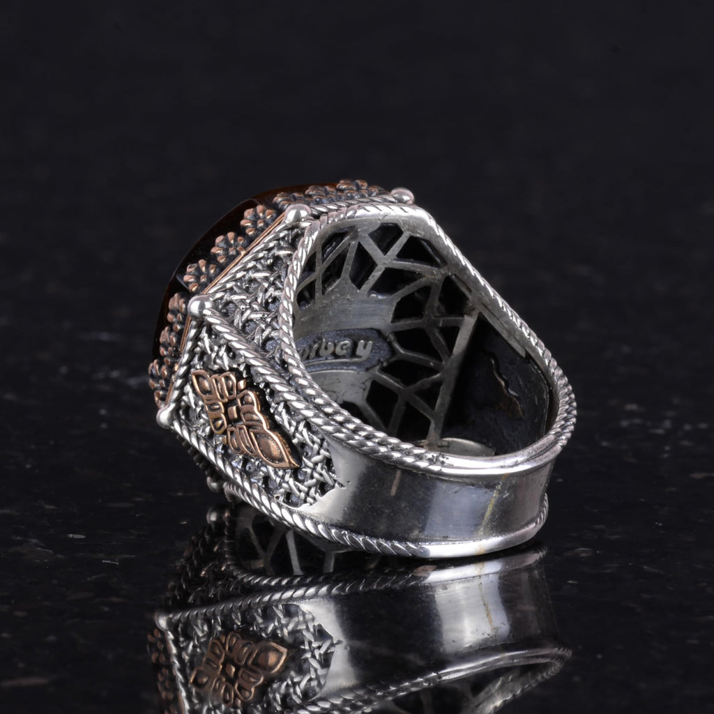 Natural Tiger's Eye Stone Ring - Octagonal Design - Handmade 925 Sterling Silver Jewelry — 7