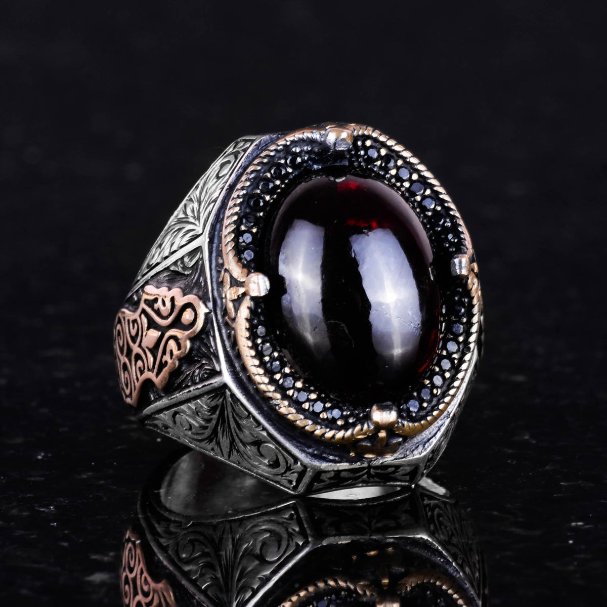 Natural Cabochon Garnet Stone Ring - 925 Sterling Silver Men's Ring — 4