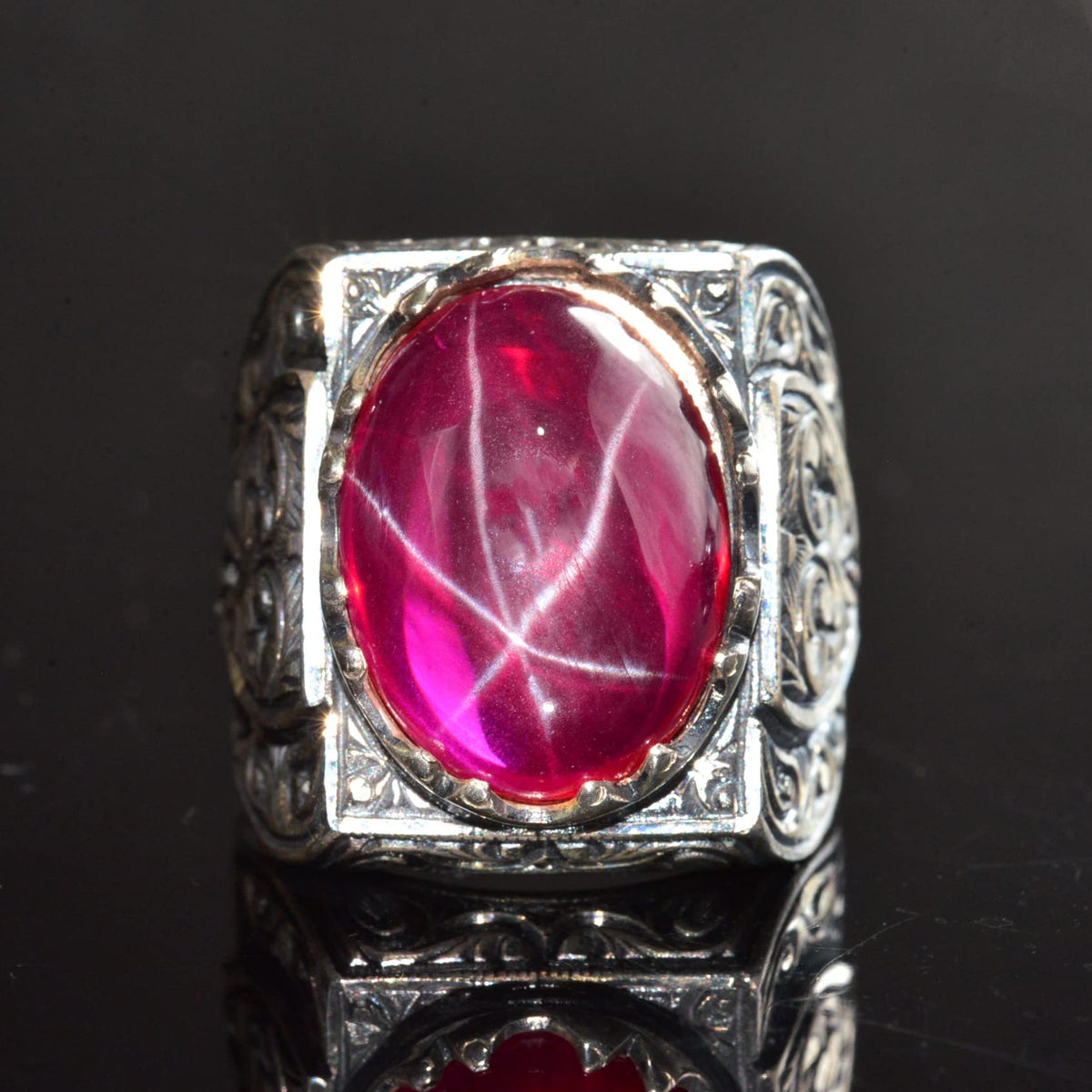 KAMBO Handmade Natural Star Ruby Men's Ring in 925 Sterling Silver with Intricate Six-Ray Star Engraved Design Vintage S