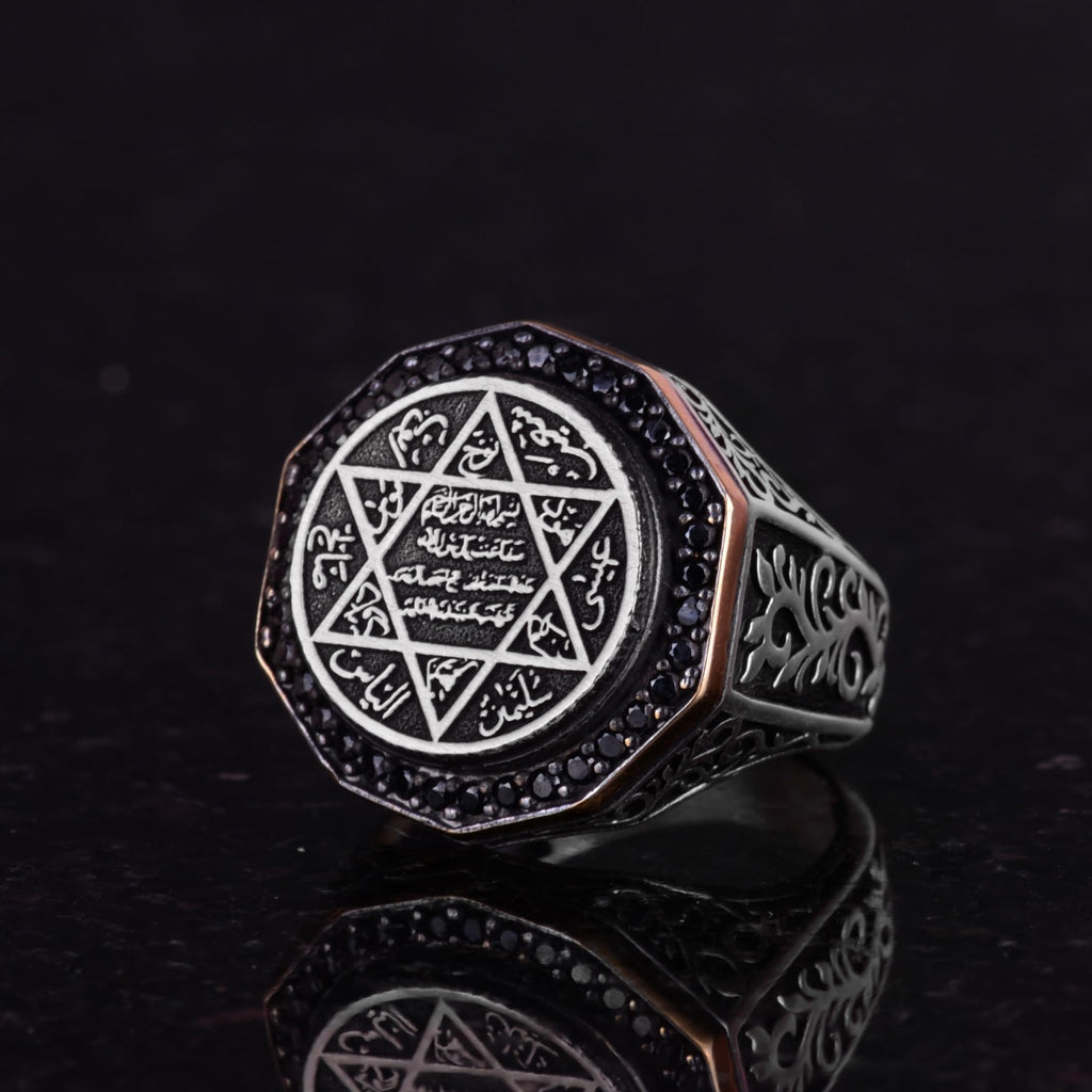 KAMBO Solomon Seal Ring Handmade 925 Sterling Silver Men’s Statement Ring with Onyx Stone and Star of David Jewish Desig