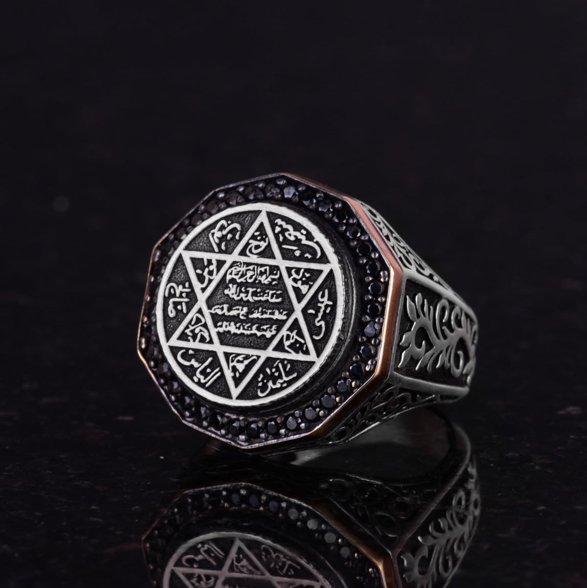 KAMBO Solomon Seal Ring Handmade 925 Sterling Silver Men’s Statement Ring with Onyx Stone and Star of David Jewish Desig