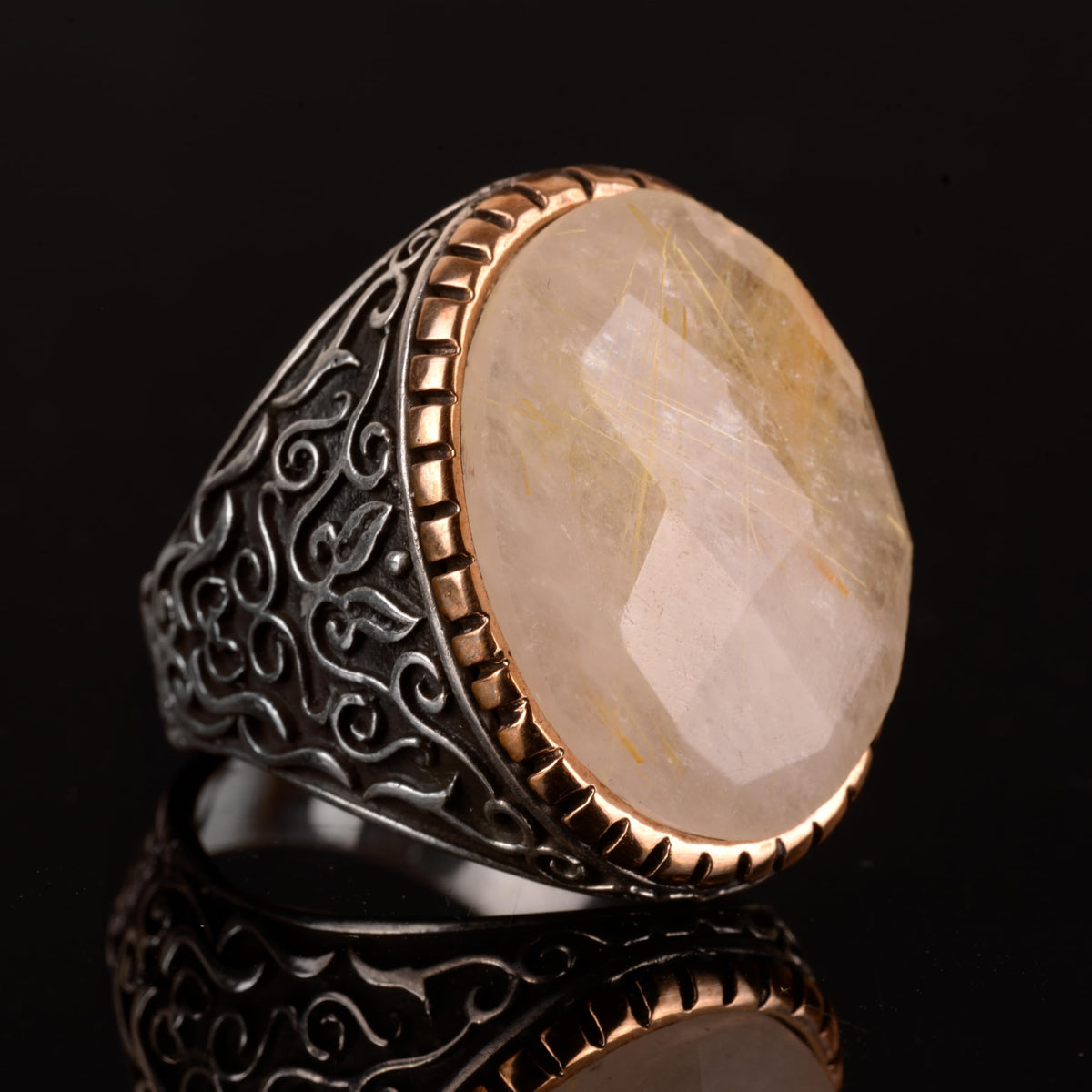 Real Natural Rutilated Quartz Stone Men's Ring - 925 Sterling Silver — 6