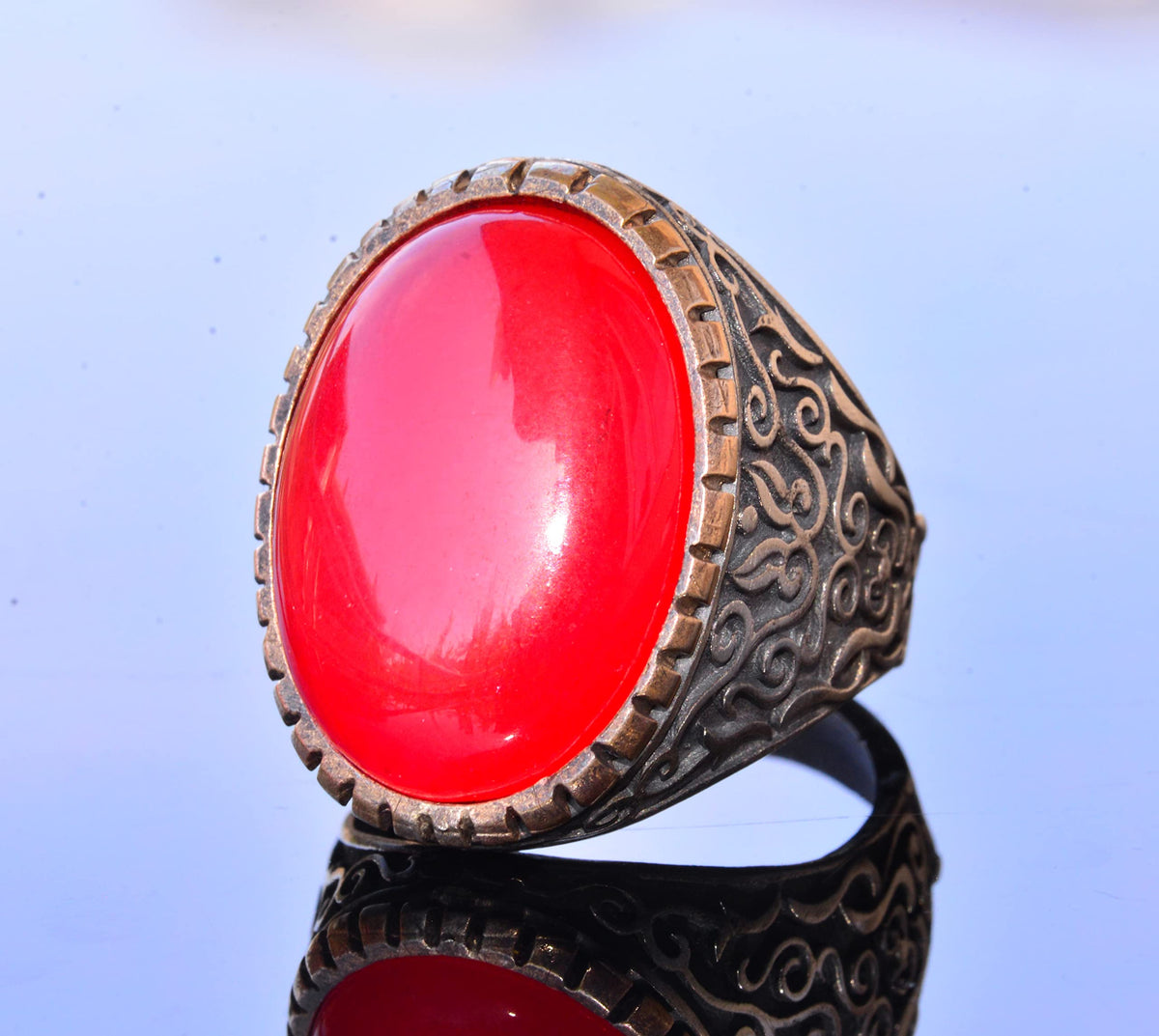 Handmade Artificial Coral Stone Silver Men's Large Ring - Symbol of Passion and Protection — 5
