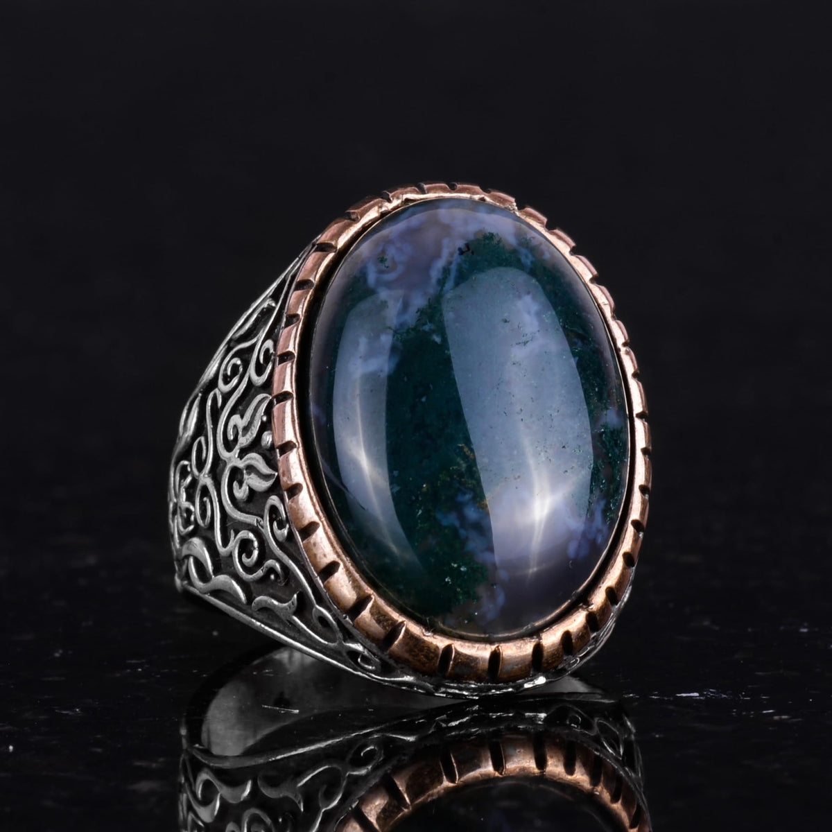 Moss Agate Natural Stone Ring, 925 Sterling Silver Men's Ring — 5
