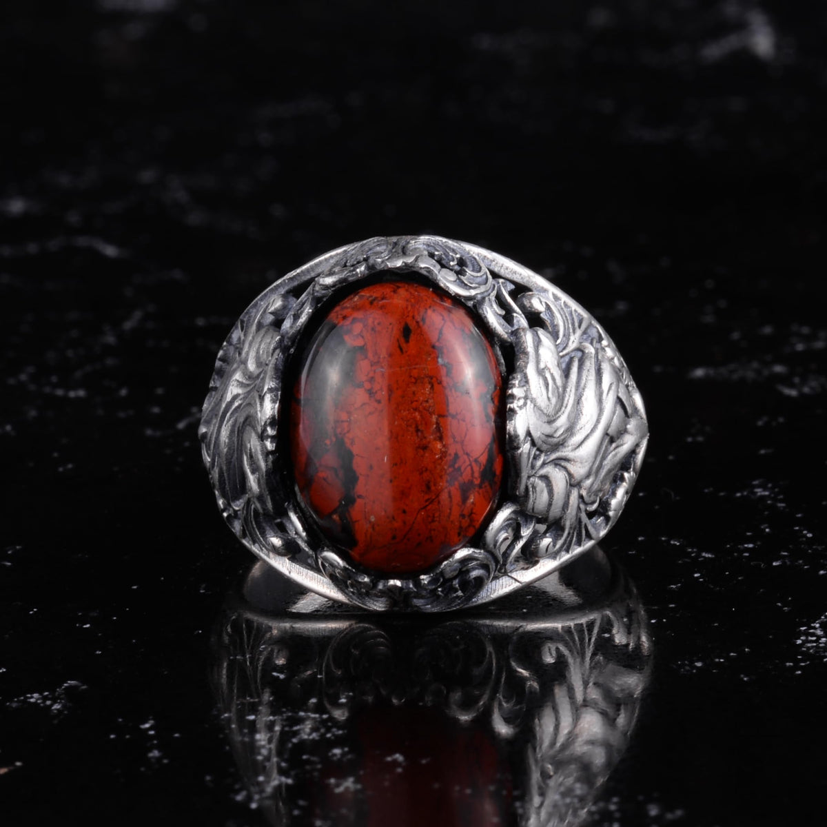 KAMBO Natural Stone Men's Ring 925 Sterling Silver - Large Flower Engraved Statement Ring - Handmade Vintage Ring for Men (Red Bloodstone) — 3