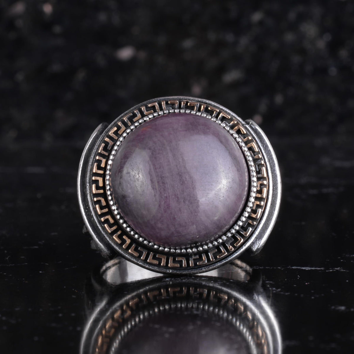 KAMBO Stone Round Men's Ring 925 Sterling Silver – Cabochon Handmade Vintage Greek Pattern Statement Ring (Amethyst) — 4