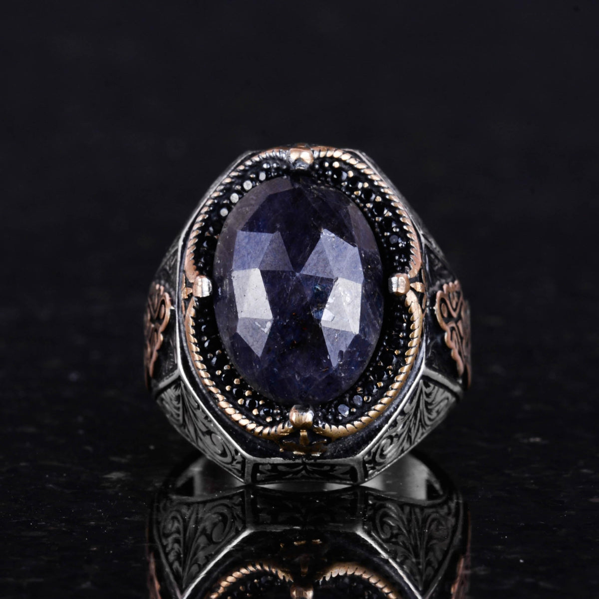 Natural Blue Sapphire Stone Ring - 925 Sterling Silver Men's Ring — 4