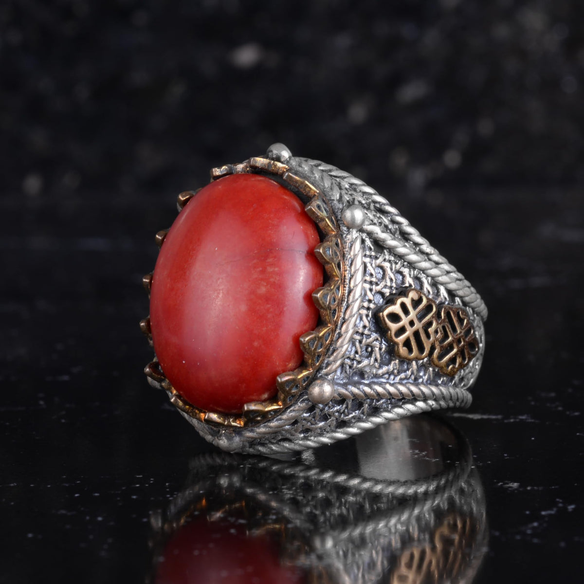 KAMBO Natural Coral Stone Ring for Men 925 Sterling Silver Handmade Statement Ring Red Coral — 4