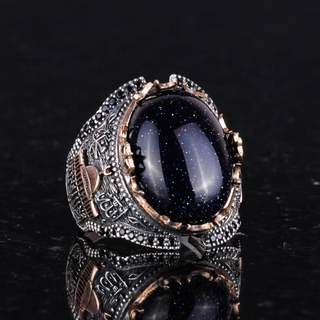 925 Sterling Silver Men's Ring, Blue Synthetic Sunstone Ring — 3
