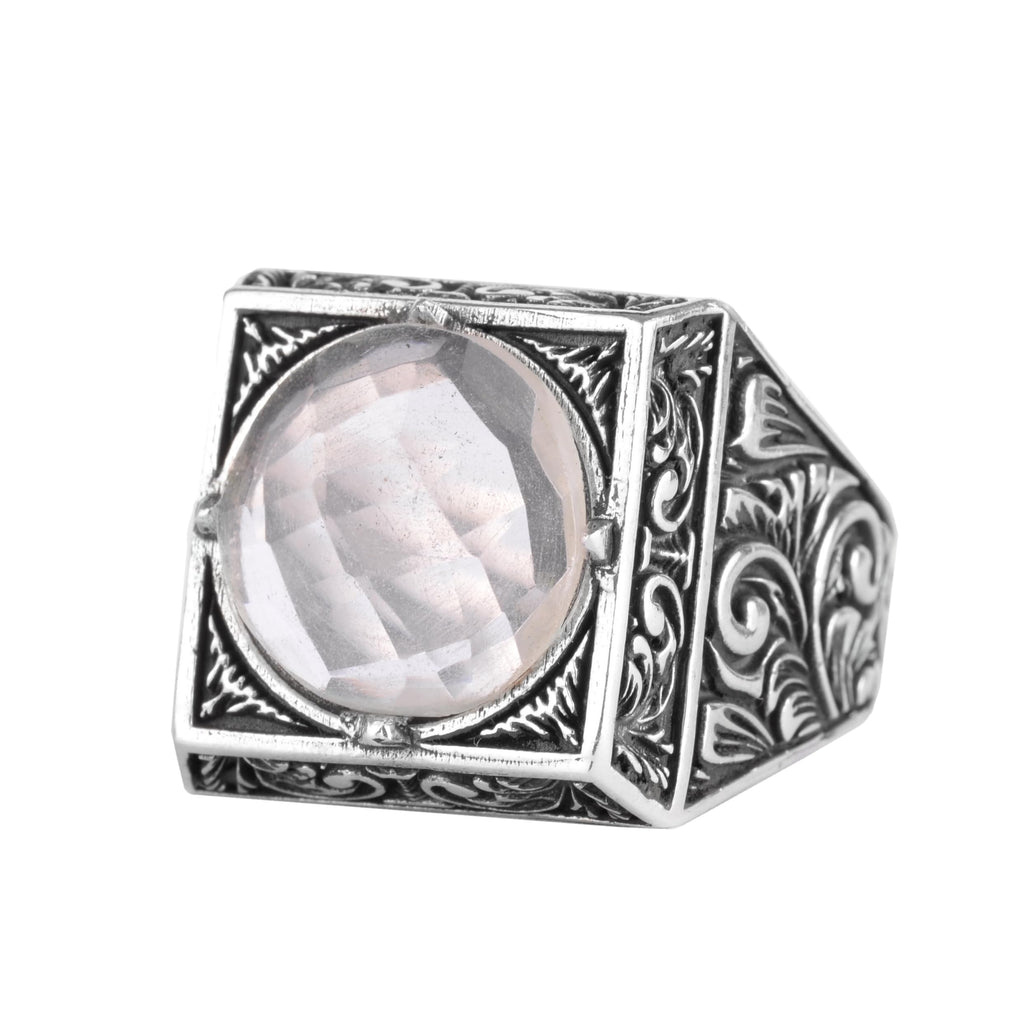 KAMBO Natural Round Stone Square Men's Ring 925 Sterling Silver – Ottoman Pattern Handmade Stone Ring (Lemon Quartz)