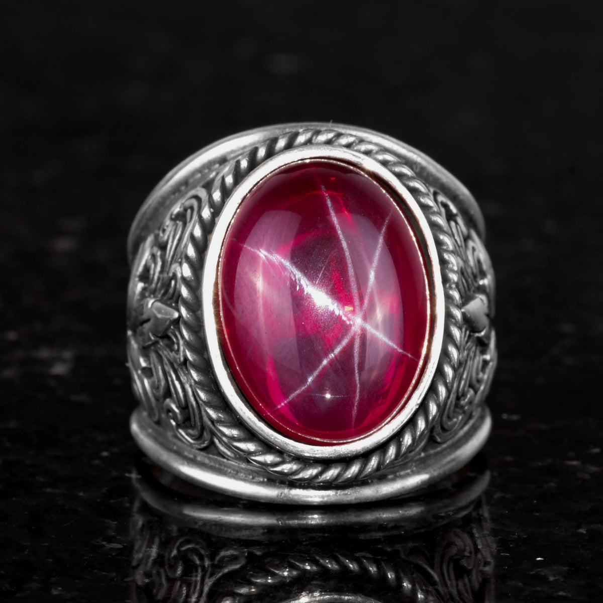 Large Silver Ring, Natural Star Ruby Stone Ring, 925 Sterling Silver — 2