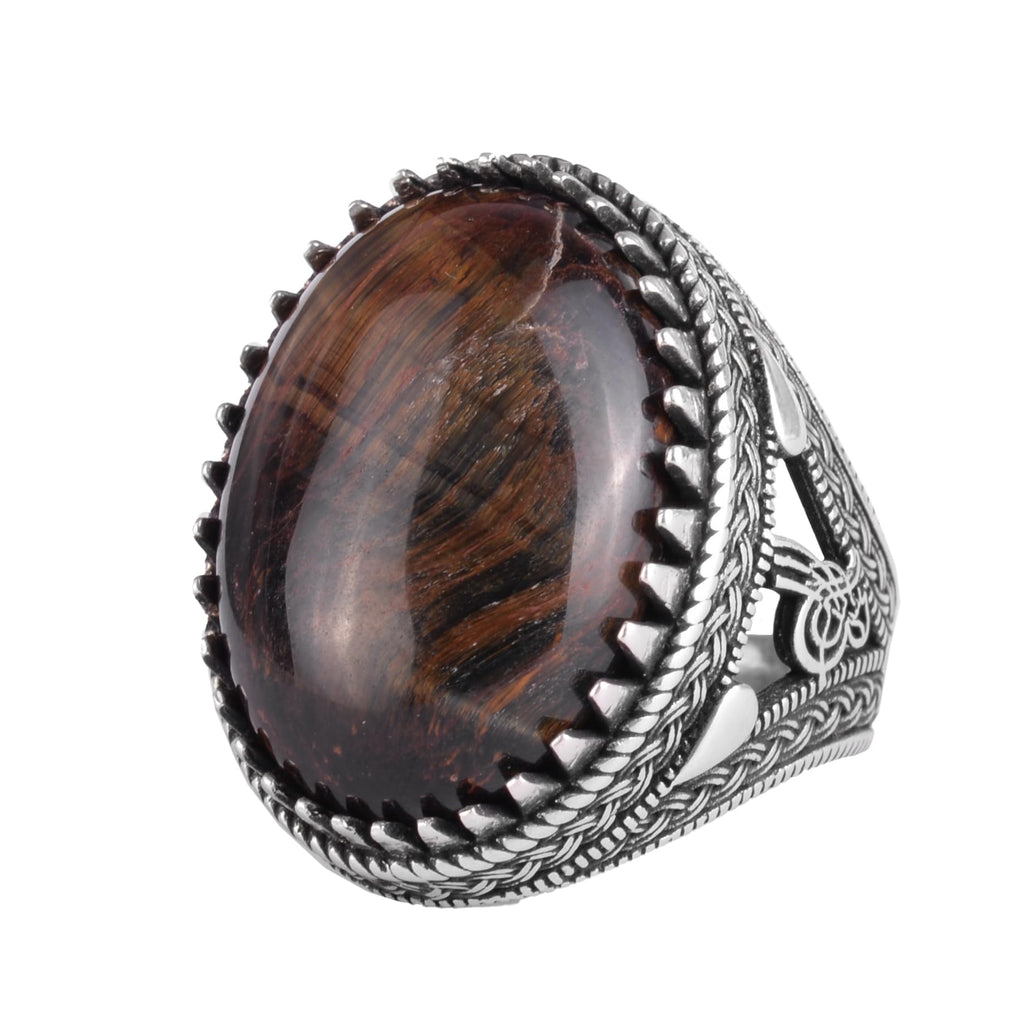 KAMBO Men's Natural Stone Ring – 925 Sterling Silver Large Statement Ring – Handmade Ottoman Pattern Jewelry (Cat's Eye)