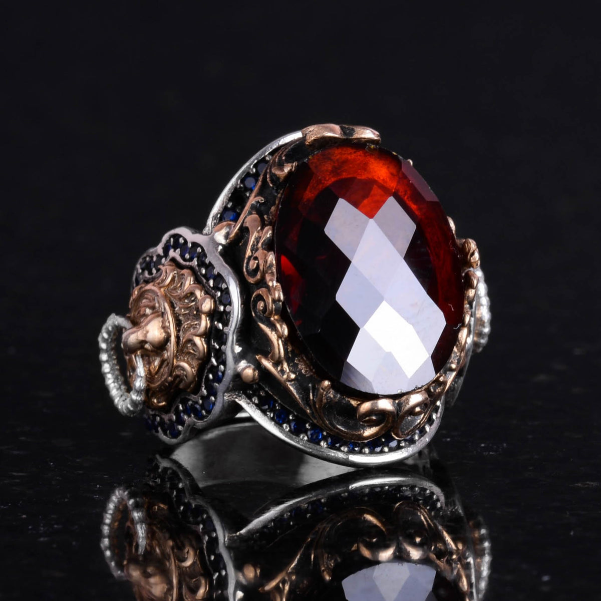 Kambo 925 Sterling Silver Men's Ring - Synthetic Garnet Stone Lion Figure Handmade Ring — 5