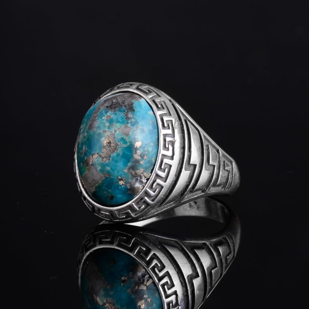KAMBO Men's Natural Turquoise Stone Ring – 925 Sterling Silver Ring with Maze Side Designs – Handmade Minimalist Descriptive Jewelry (Style-1) — 5
