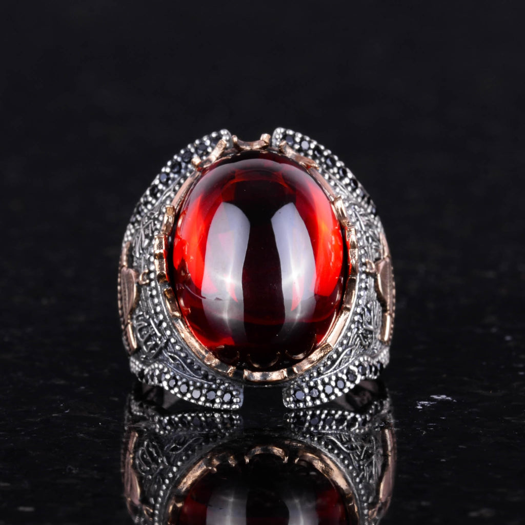 Silver Mosque Ring, Cabochon Garnet Stone Ring, 925 Sterling Silver — 3