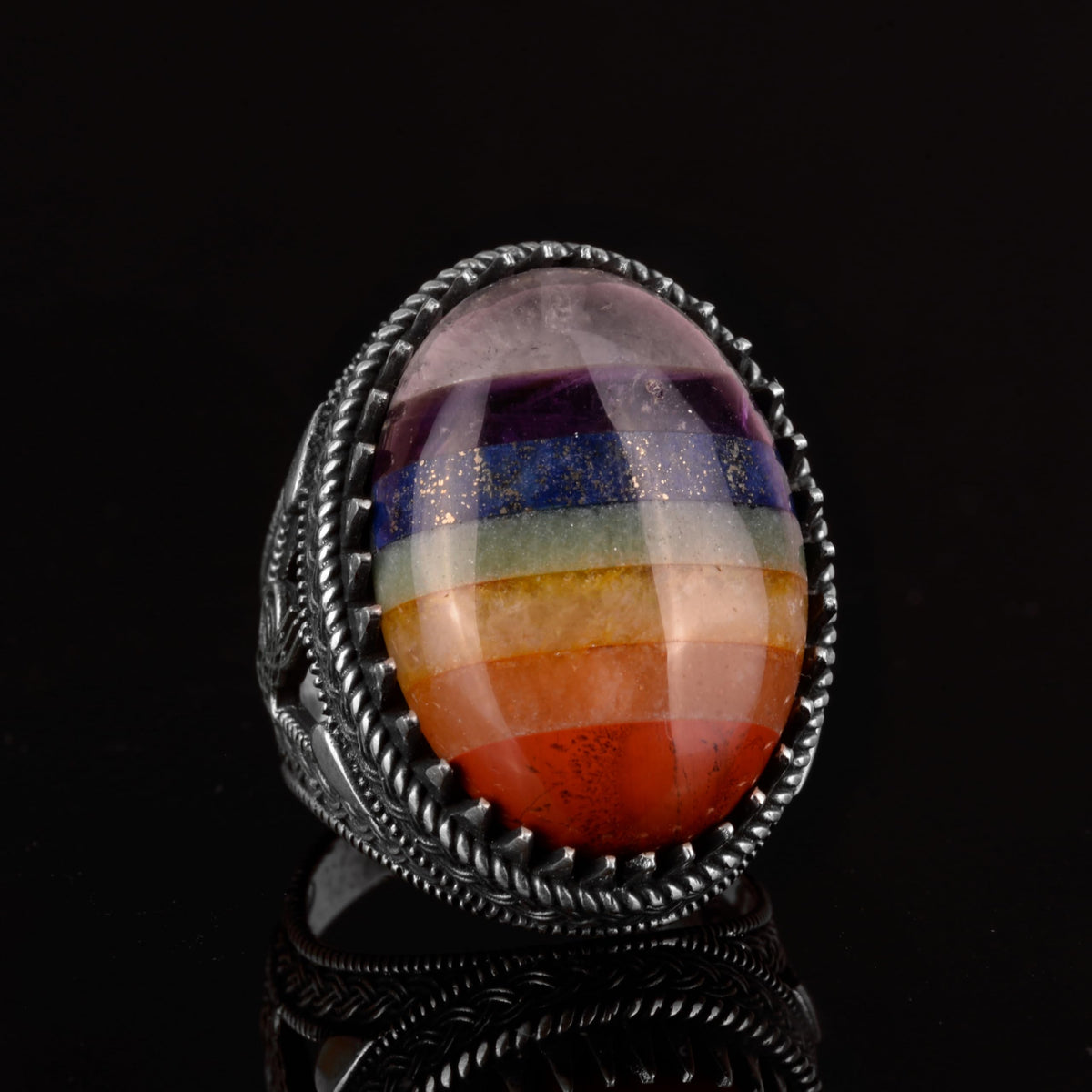 925 Sterling Silver Men's Ring, 7 Chakra Natural Stone Ring, Rainbow Ring, Tugra Ring — 2