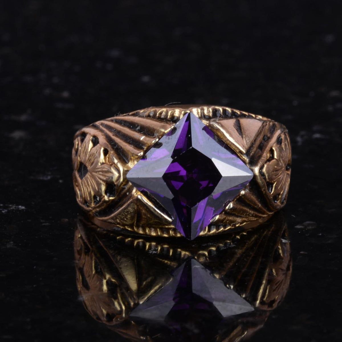 KAMBO Handmade 925 Sterling Silver Ring with Created Amethyst Stone, Modern Unisex Design, Gold Plated Finish, Elegant S