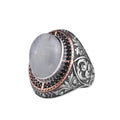 Men's Natural Stone Large Ring – Oval Stone Vintage Byzantine Engraved Statement Ring - Antique Filigree 925 Sterling Silver Jewelry (Aquamarine)