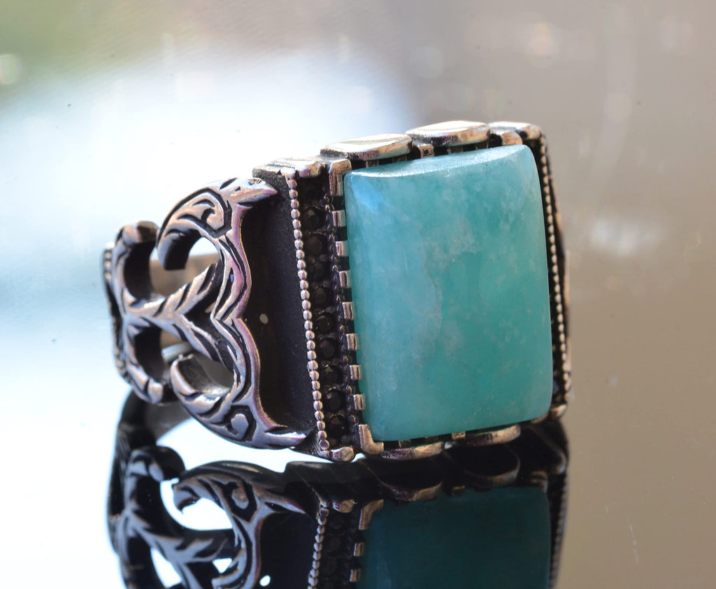 Amazonite Rectangular Stone Men's Ring, 925 Sterling Silver — 3