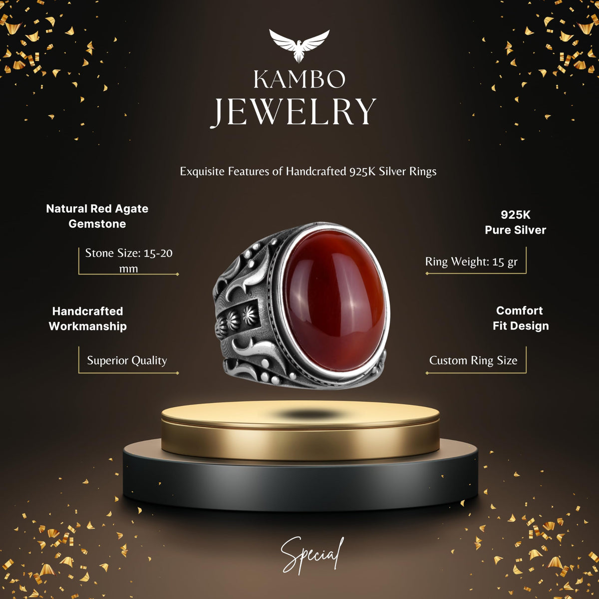 Handmade Natural Red Agate Stone Ring, 925 Sterling Silver — 2