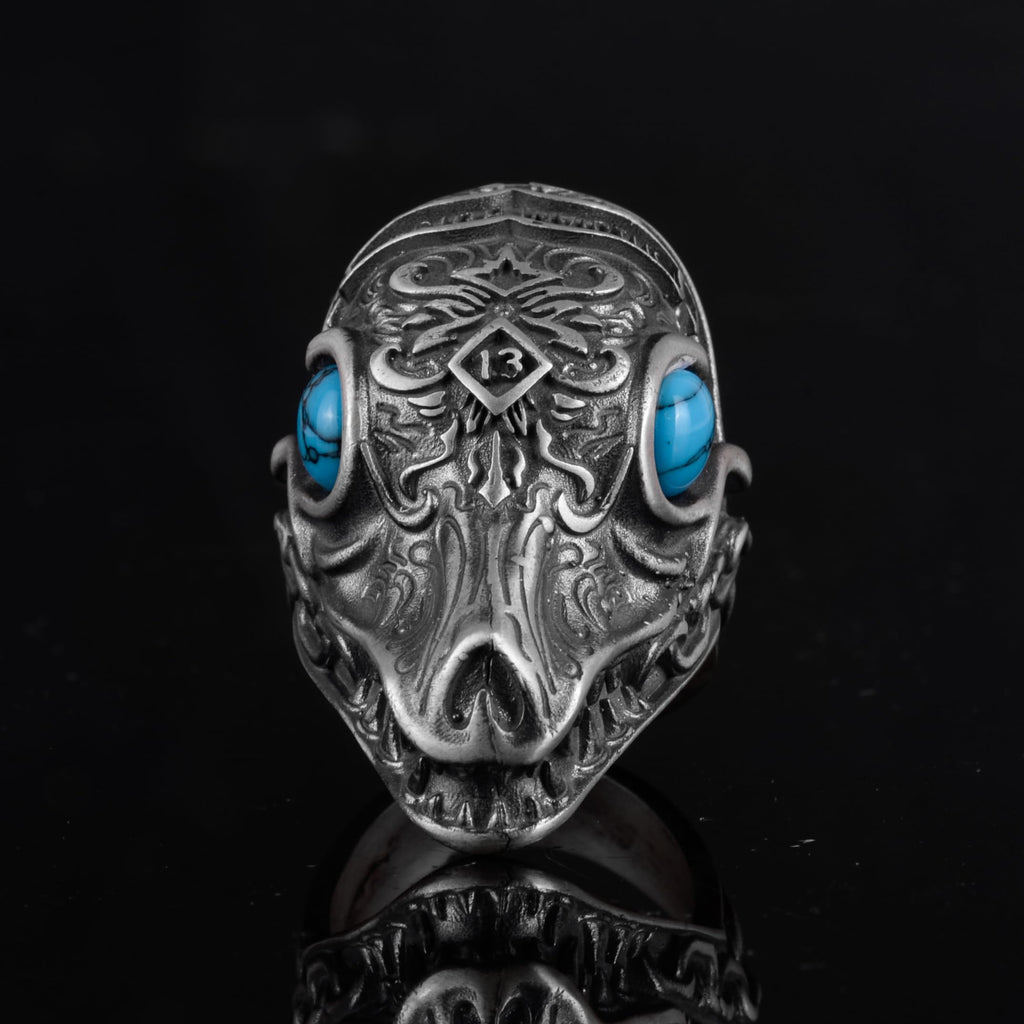 KAMBO Dragon Pattern Heavy 925 Sterling Silver Men's Large Ring - Handmade Animal Figurine Ring (Synthetic Turquoise) — 4
