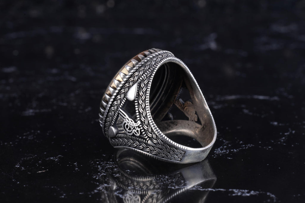 KAMBO Men's Natural Hematite Stone Ring – 925 Sterling Silver Ya Ali Arabic Calligraphy Ring – Ottoman Style Statement Ring — 8