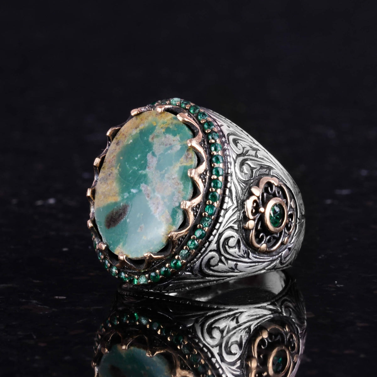 Natural Arizona Turquoise Stone Ring - Silver Men's Ring (Model-3) — 5