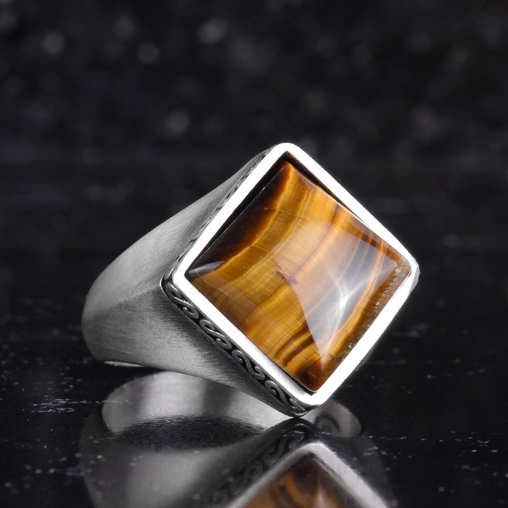 KAMBO Natural Stone Men's Ring 925 Sterling Silver – Square Cut Stone Handmade Minimalist Statement Ring (Tiger's Eye) — 6