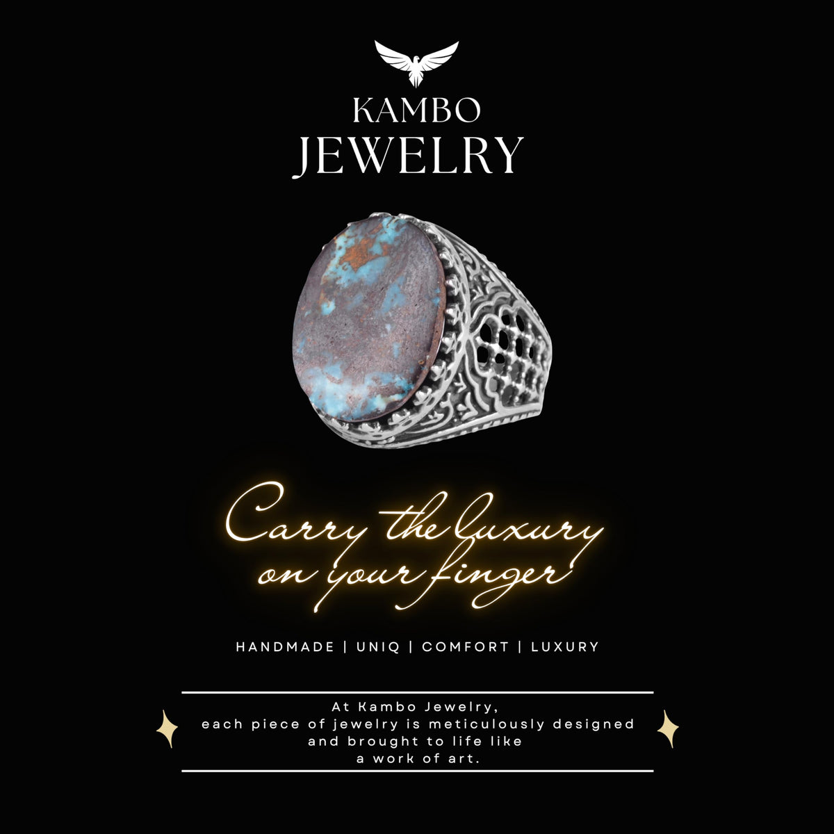 KAMBO Natural Turquoise Stone Men's Ring 925 Sterling Silver Spider Web Pattern Oval Cabochon Vintage Handmade Statement Ring (Turquoise-3) — 7