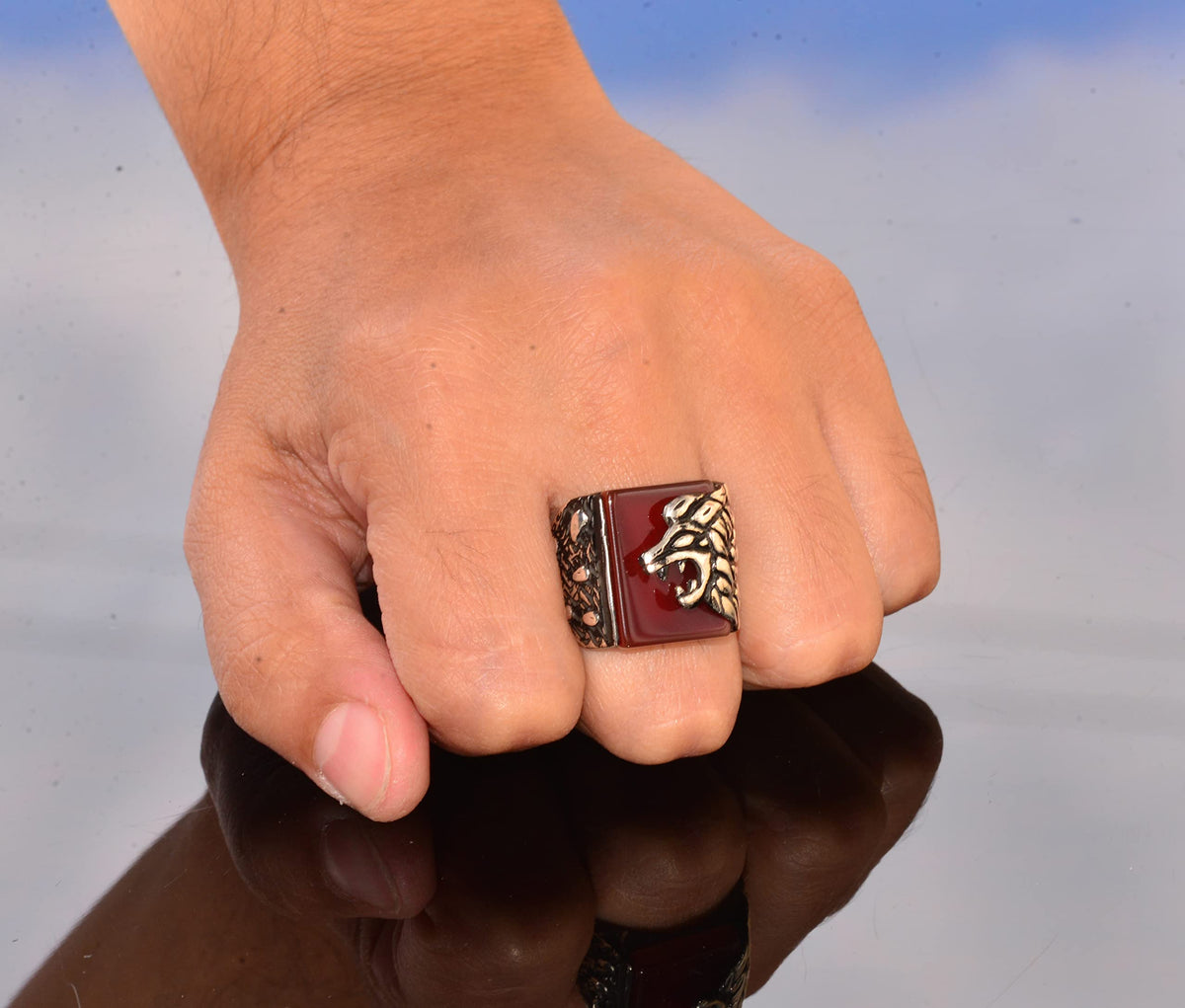 Natural Red Agate Stone Lion Head Ring - Silver Men's Ring — 7