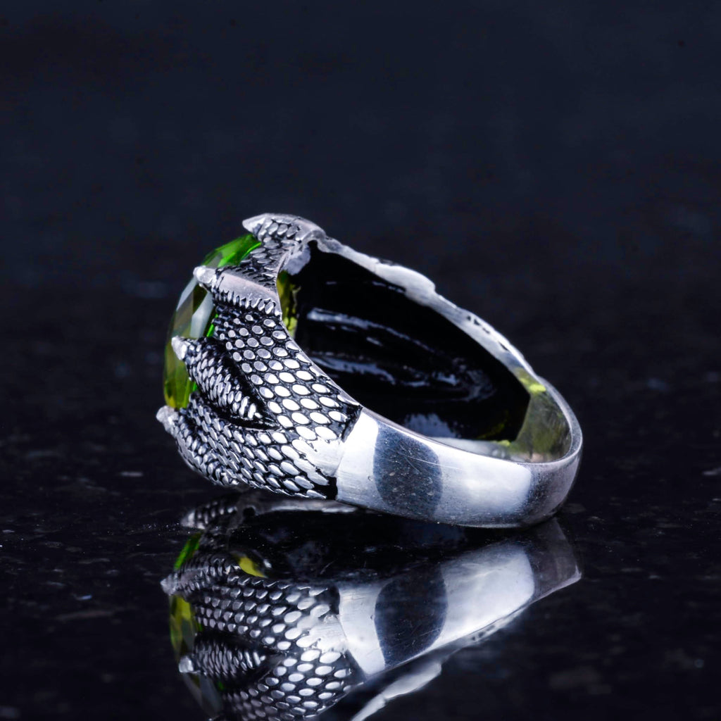 Silver Claw Ring with Synthetic Peridot Stone — 7