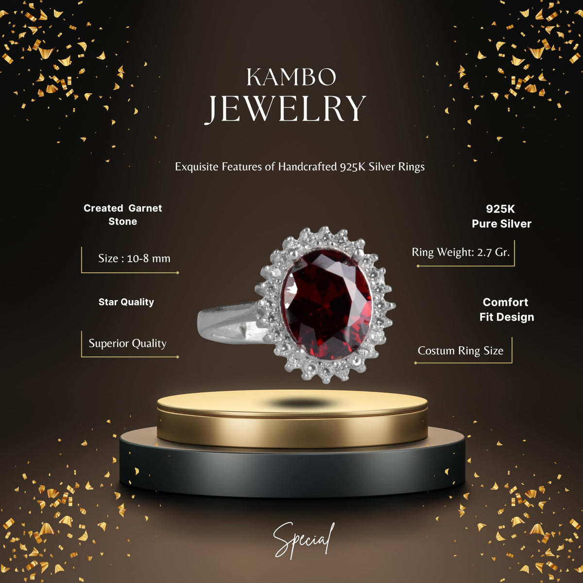 KAMBO 925 Sterling Silver Women's Ring - Elegant Halo Design (Created Garnet) — 2