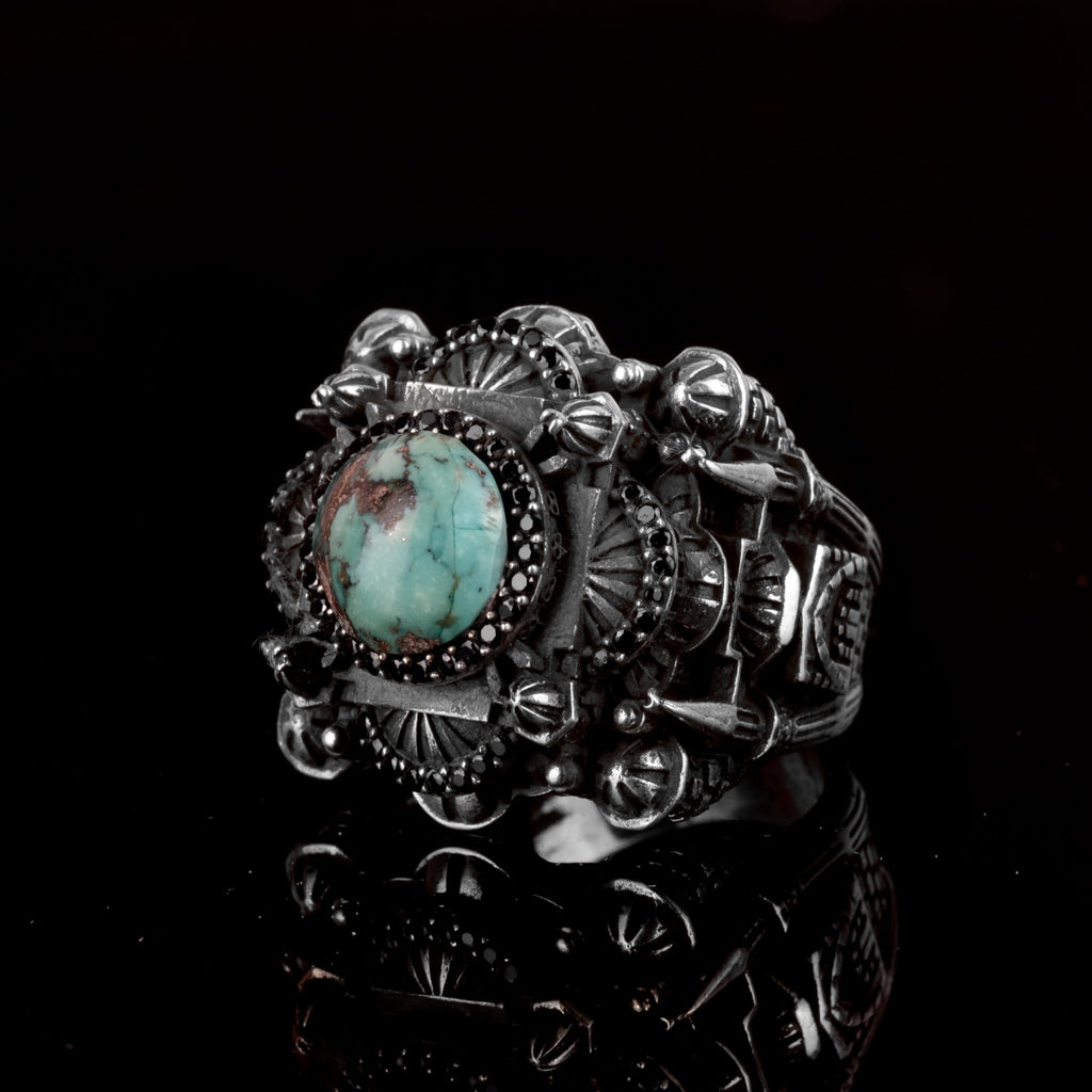 925 Sterling Silver Men's 3D Mosque Ring with Natural Arizona Turquoise Stone — 4